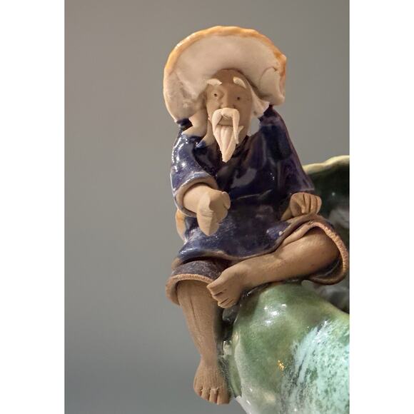 Vintage Majolica Asian Man Fisherman and Frog on Lily Pad Succulent Planter 6” - Picture 3 of 9